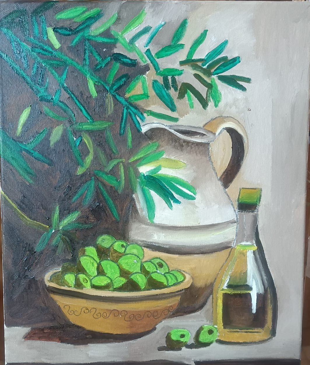 Quadro a olio con olive, brocca e bottiglia, fiera dell'olio di Larino