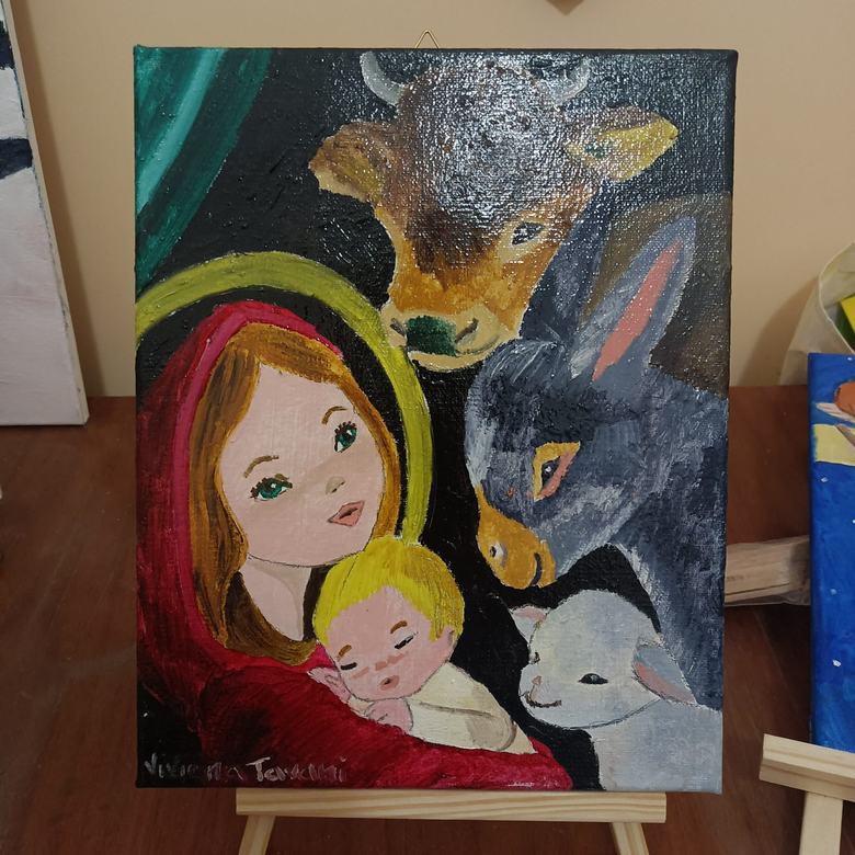 Handgemaltes Ölbild auf Leinwand. Madonna col bimbo e animali.