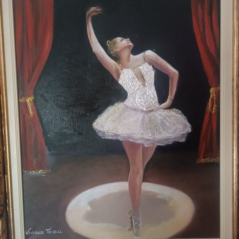 Handgemaltes Ölbild auf Leinwand. Ballerina sotto i riflettori.