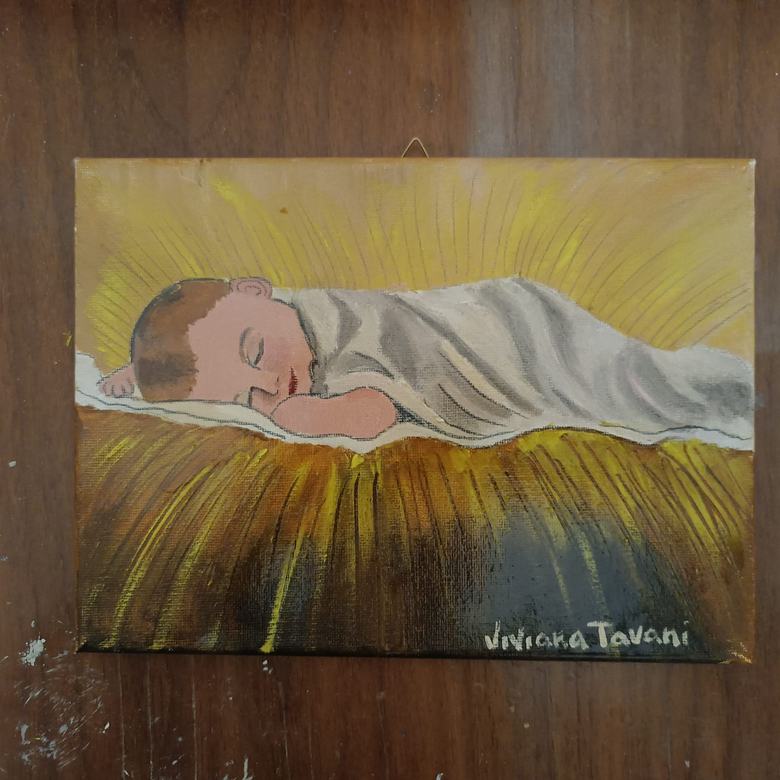 Handgemaltes Ölbild auf Leinwand. Gesù bambino dormiente.