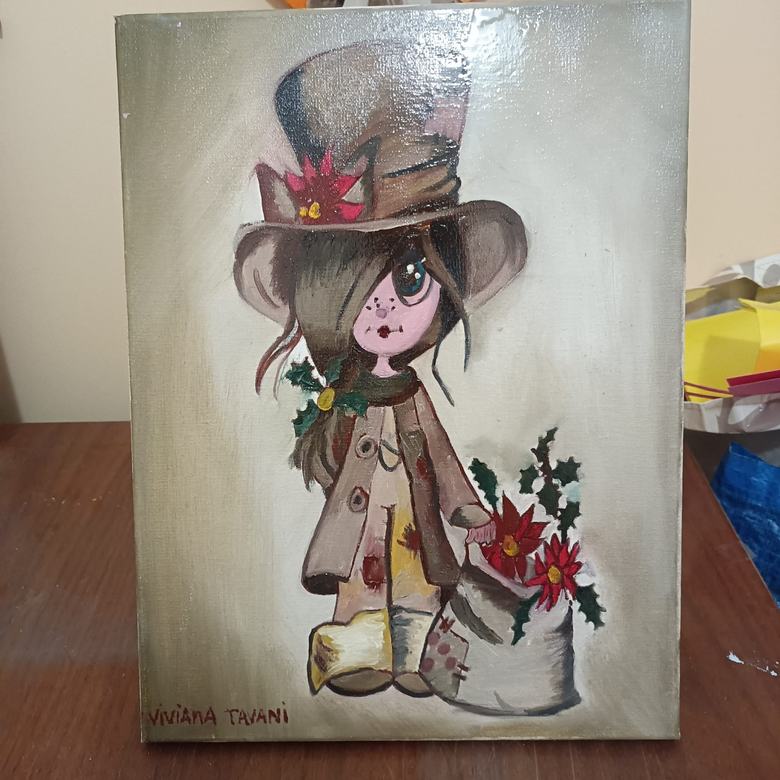 Handgemaltes Ölbild auf Leinwand. Bambina con cappello e agrifoglio.