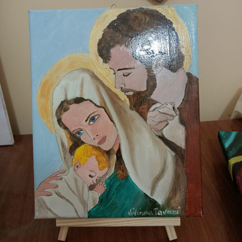 Handgemaltes Ölbild auf Leinwand. Sacra Famiglia con aureole.