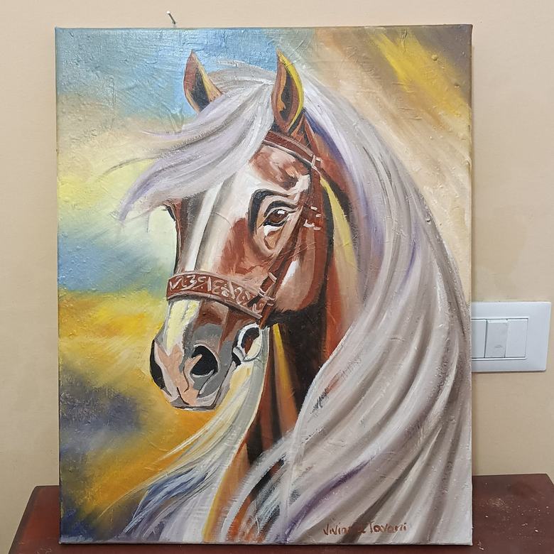 Handgemaltes Ölbild auf Leinwand. Cavallo con criniera bianca.