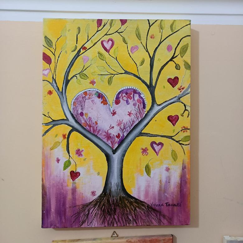 Handgemaltes Ölbild auf Leinwand. Albero dei cuori fiorito.
