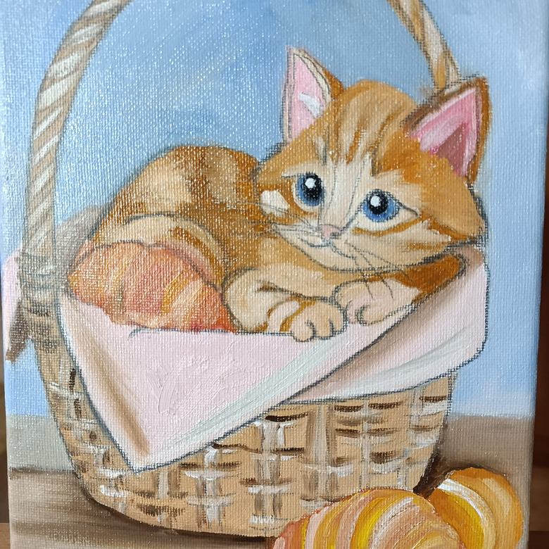 Handgemaltes Ölbild auf Leinwand. Gattino nel cestino.