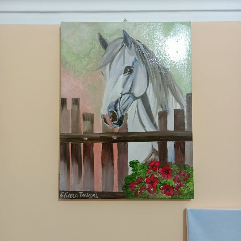 Handgemaltes Ölbild auf Leinwand. Cavallo bianco al recinto.