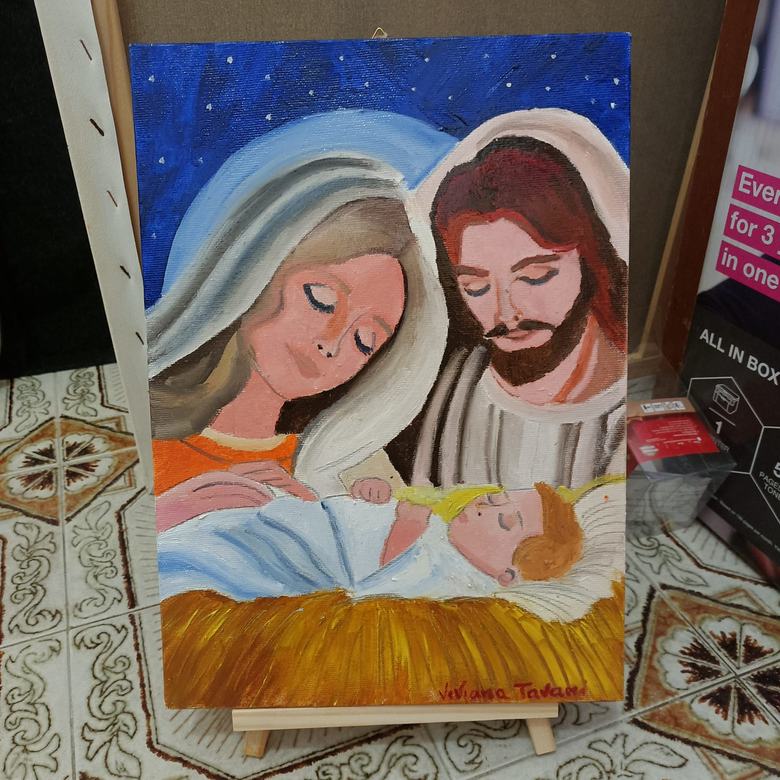 Handgemaltes Ölbild auf Leinwand. Natività sotto le stelle.