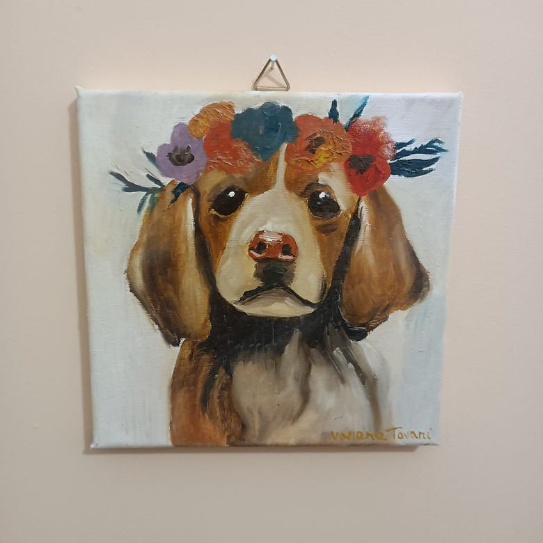 Handgemaltes Ölbild auf Leinwand. Beagle incoronato di fiori.