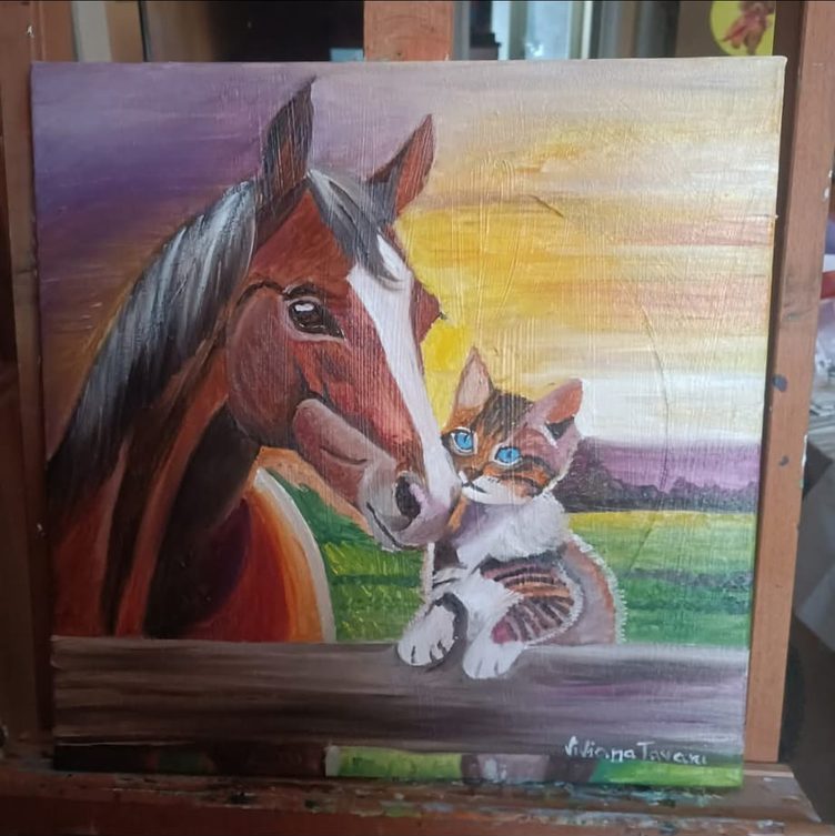 Handgemaltes Ölbild auf Leinwand. Cavallo e gattino.