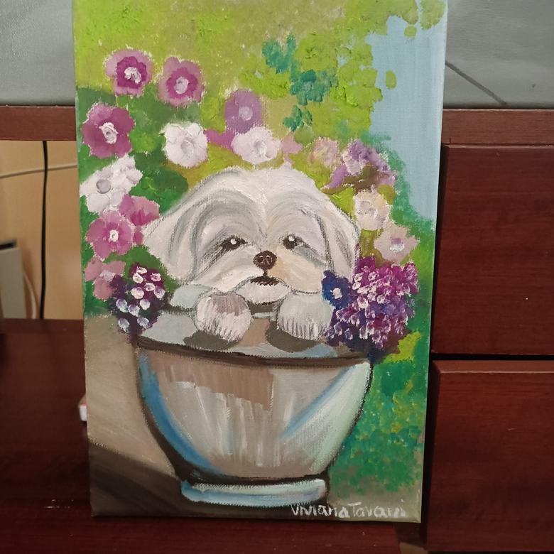 Handgemaltes Ölbild auf Leinwand. Cagnolino tra i fiori.