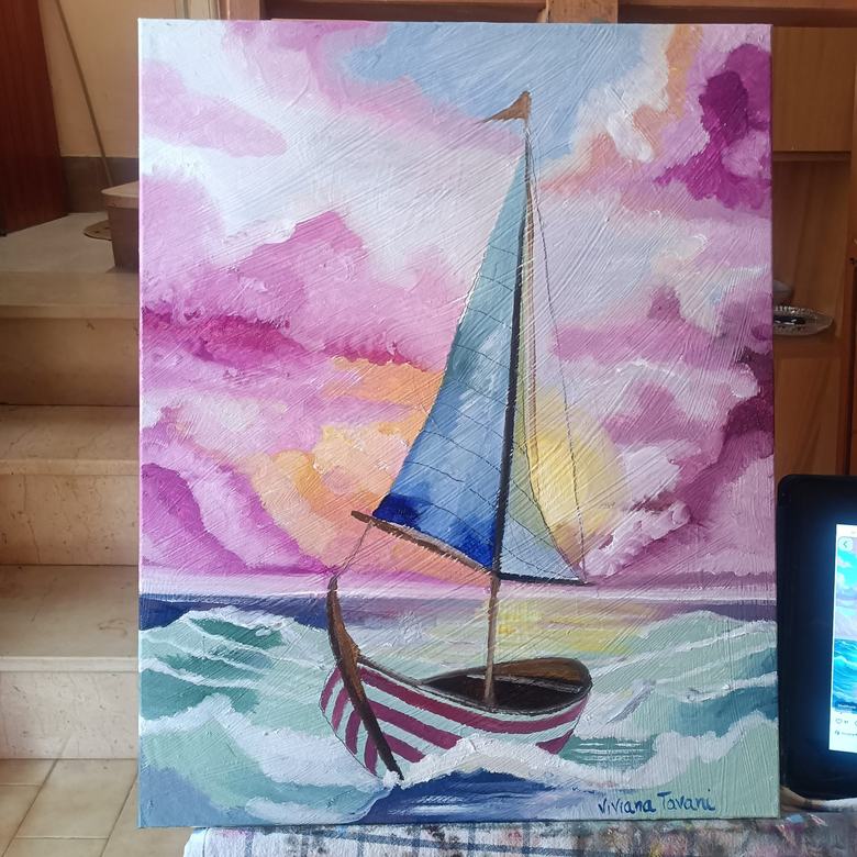 Handgemaltes Ölbild auf Leinwand. Barca a vela.