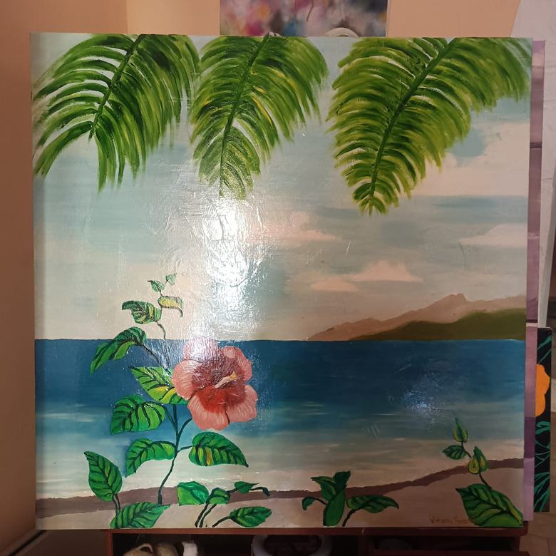 Handgemaltes Ölbild auf Leinwand. Ibisco sul mare.