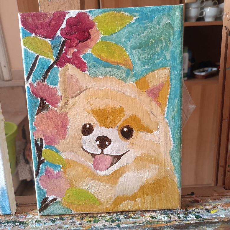 Handgemaltes Ölbild auf Leinwand. Cagnolino tra i fiori.