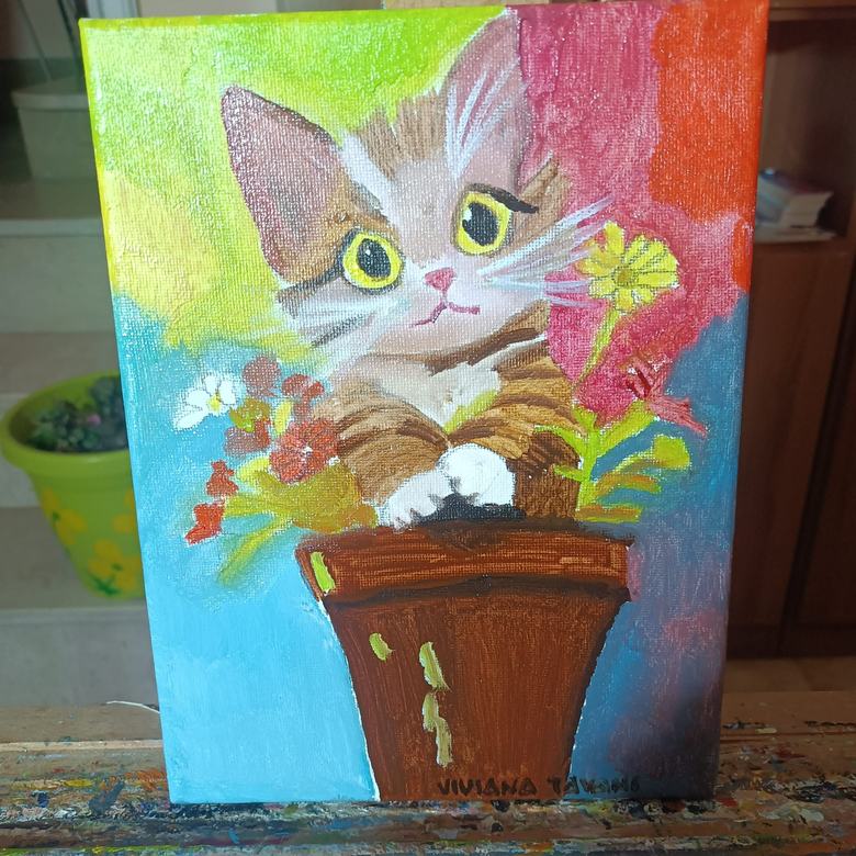Handgemaltes Ölbild auf Leinwand. Gattino nel vaso fiorito.