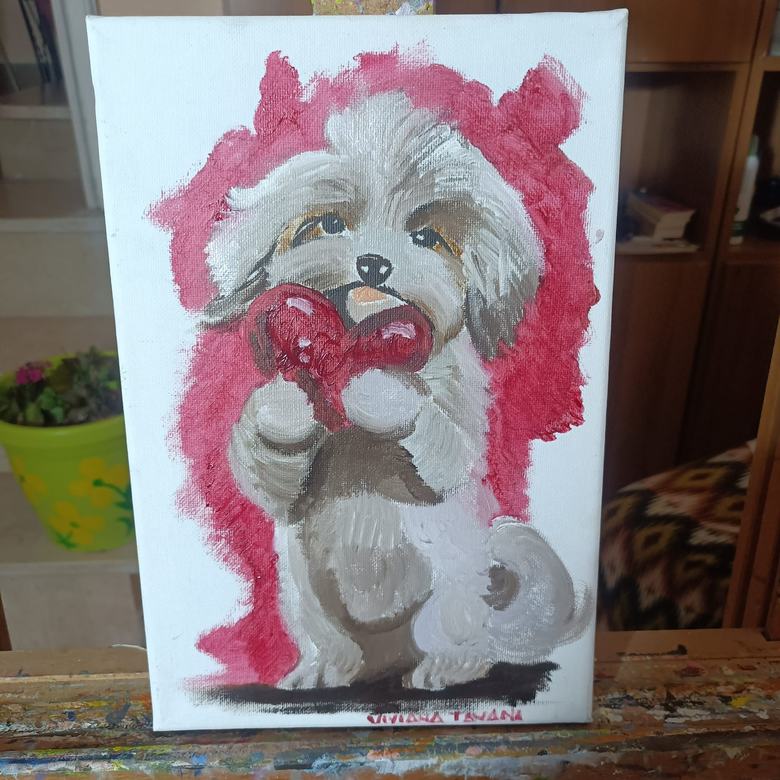 Handgemaltes Ölbild auf Leinwand. Cagnolino col cuore rosso.