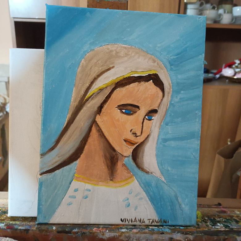 Handgemaltes Ölbild auf Leinwand. Madonna dal manto azzurro.