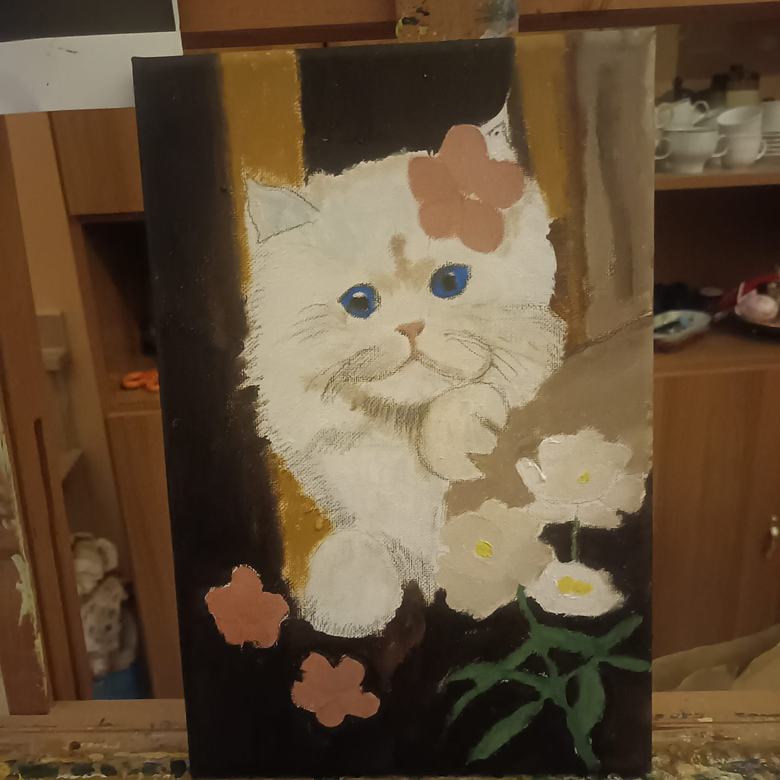 Handgemaltes Ölbild auf Leinwand. Gatta bianca tra i fiori.