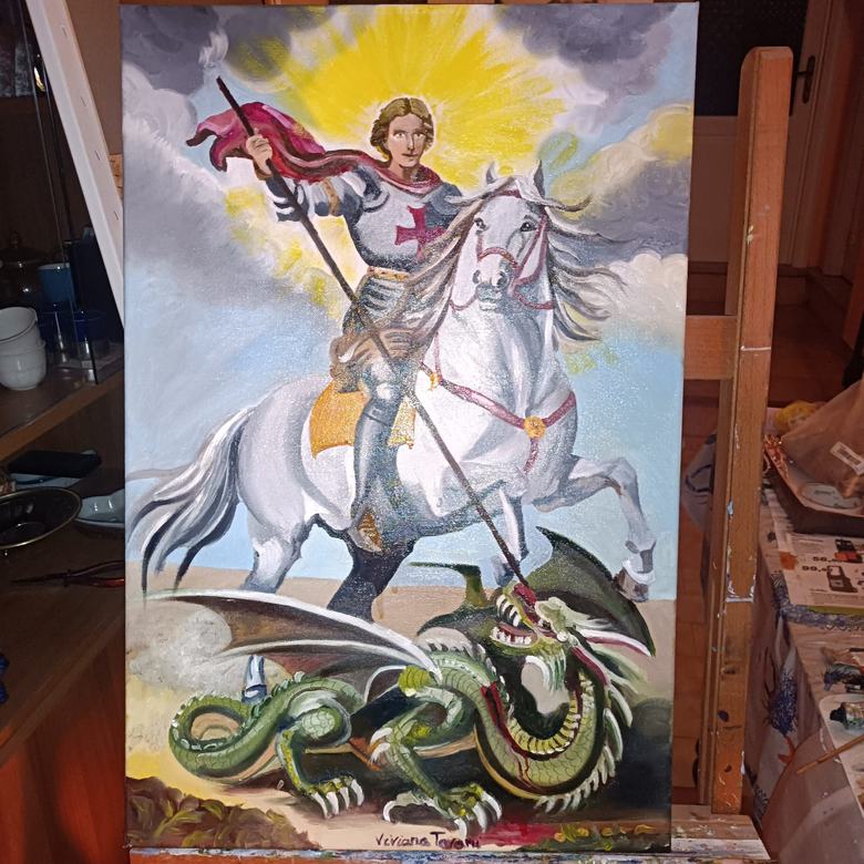 Handgemaltes Ölbild auf Leinwand. San Giorgio e il drago.