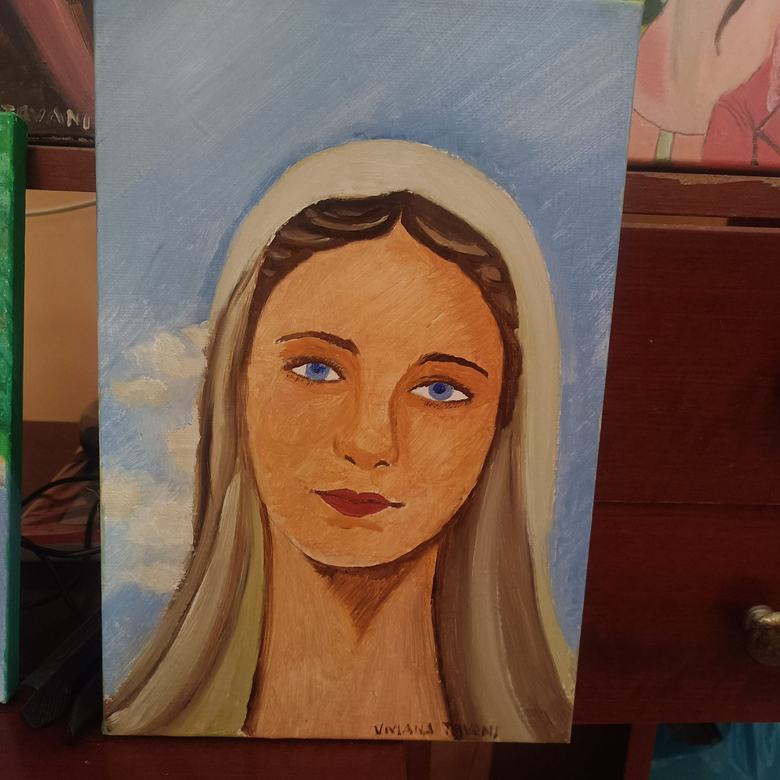 Handgemaltes Ölbild auf Leinwand. Madonna tra le nuvole.
