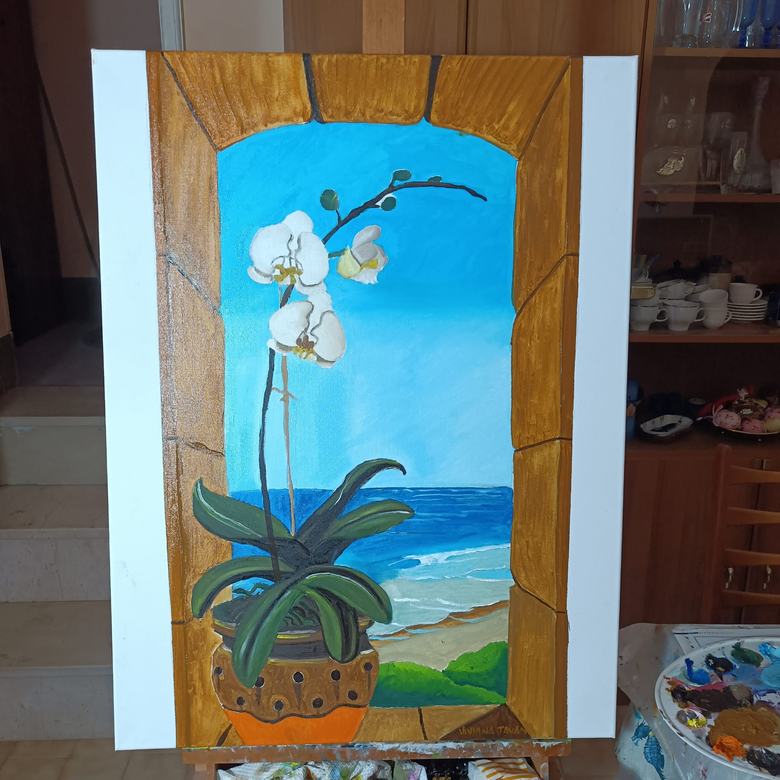 Handgemaltes Ölbild auf Leinwand. Orchidea davanti al mare.