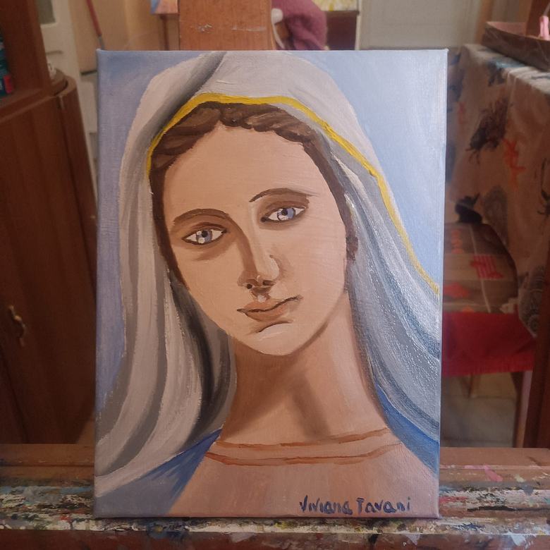 Handgemaltes Ölbild auf Leinwand. Volto dolce della Madonna.
