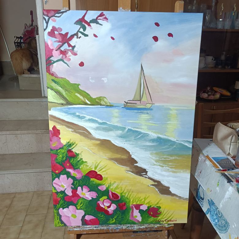 Handgemaltes Ölbild auf Leinwand. Spiaggia con barca a vela.
