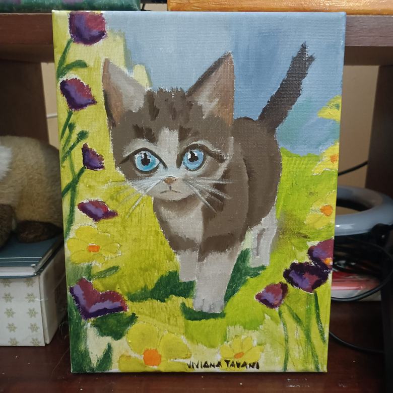 Handgemaltes Ölbild auf Leinwand. Gattino tra i fiori.