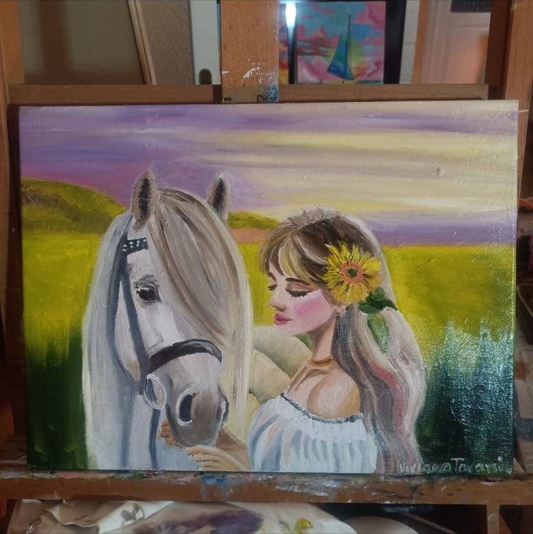 Handgemaltes Ölbild auf Leinwand. Ragazza e cavallo bianco.