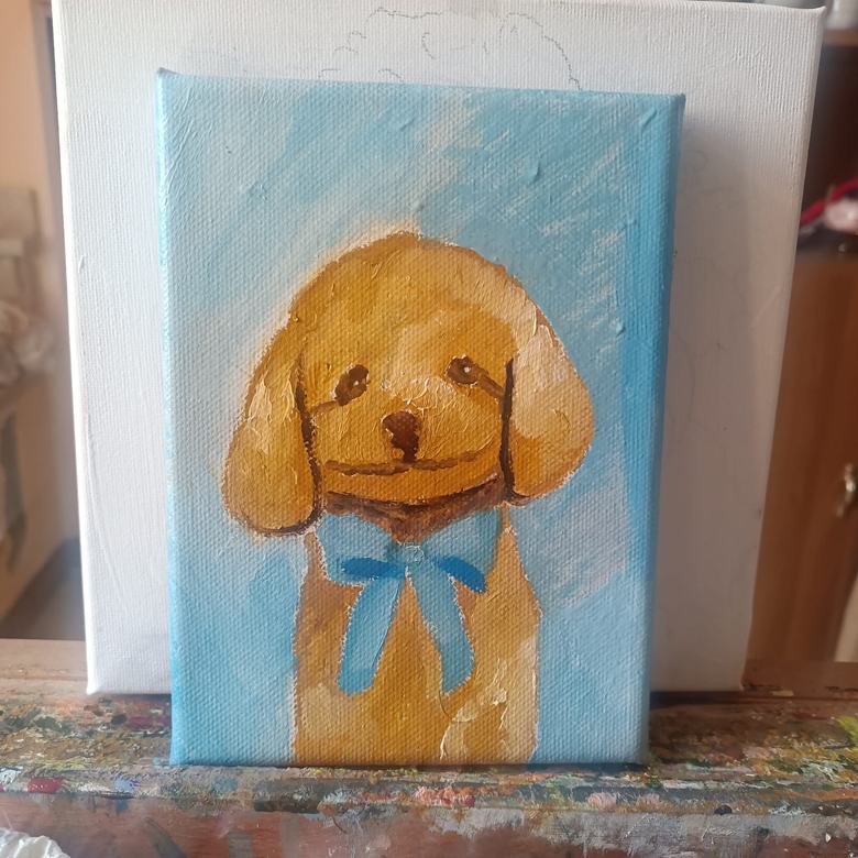 Handgemaltes Ölbild auf Leinwand. Cucciolo con fiocco blu.