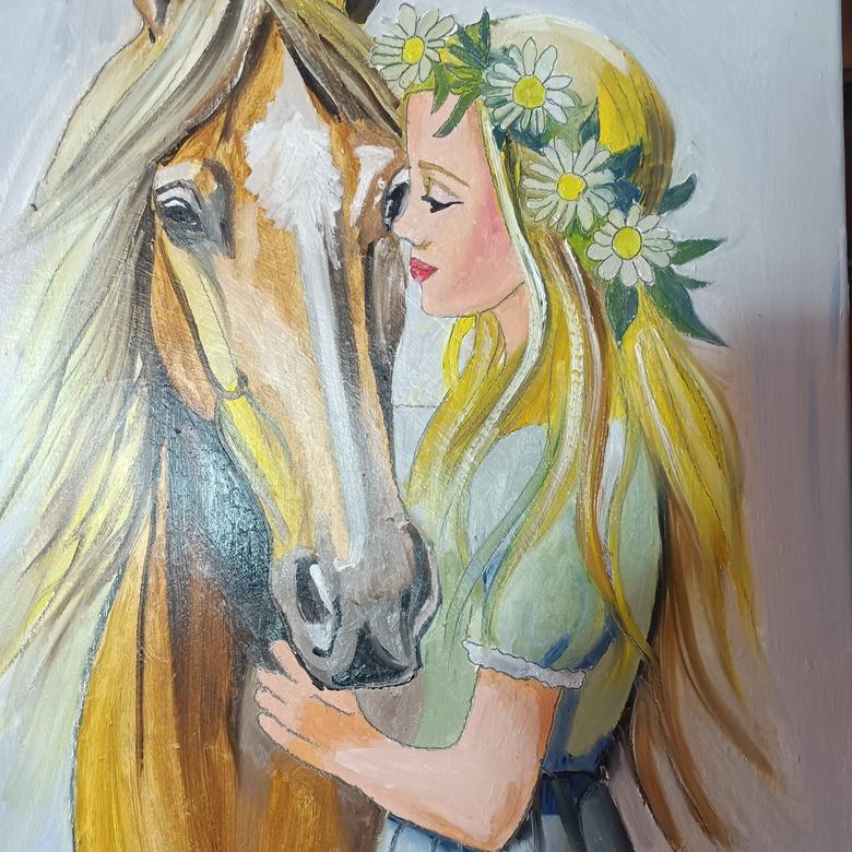 Handgemaltes Ölbild auf Leinwand. Fanciulla e cavallo.