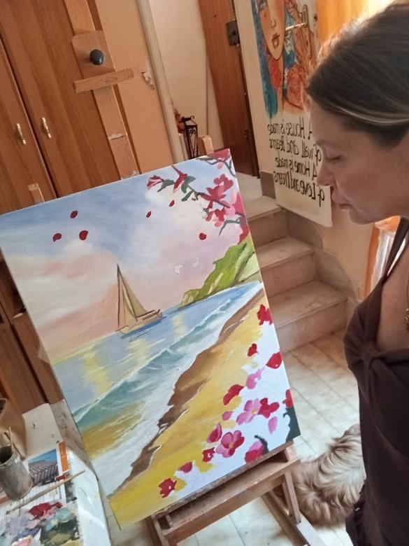 Handgemaltes Ölbild auf Leinwand. Spiaggia e vela.