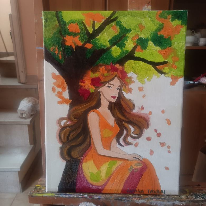 Handgemaltes Ölbild auf Leinwand. Donna sotto l'albero.