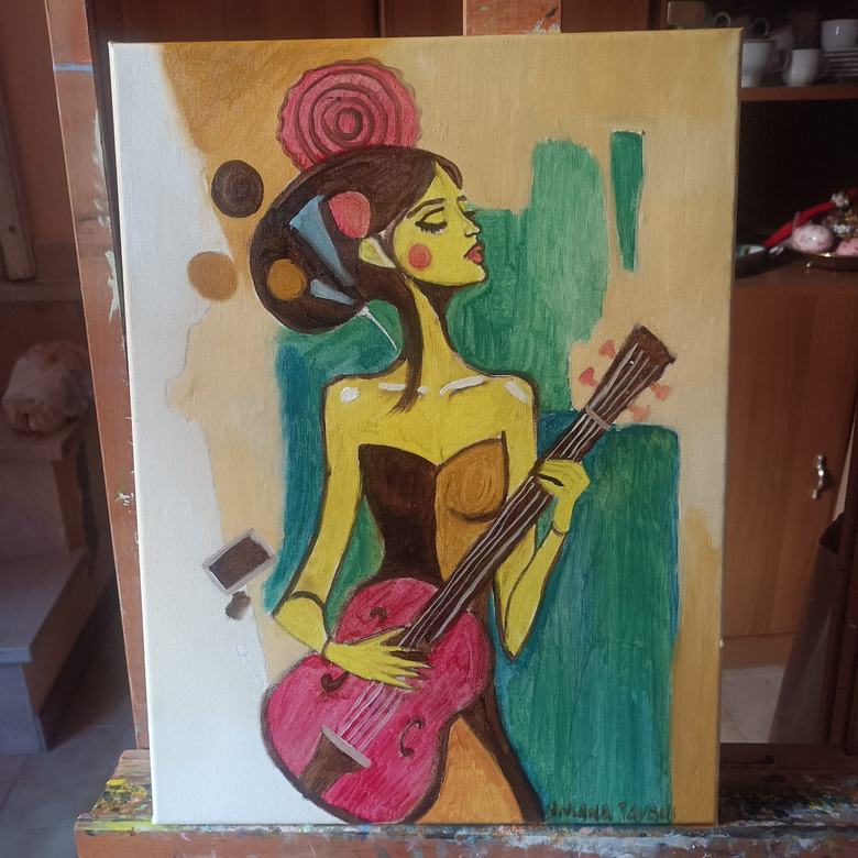 Handgemaltes Ölbild auf Leinwand. Donna con chitarra.