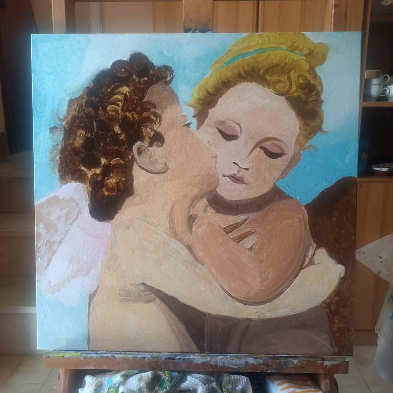 Handgemaltes Ölbild auf Leinwand. Bacio dell'angelo.