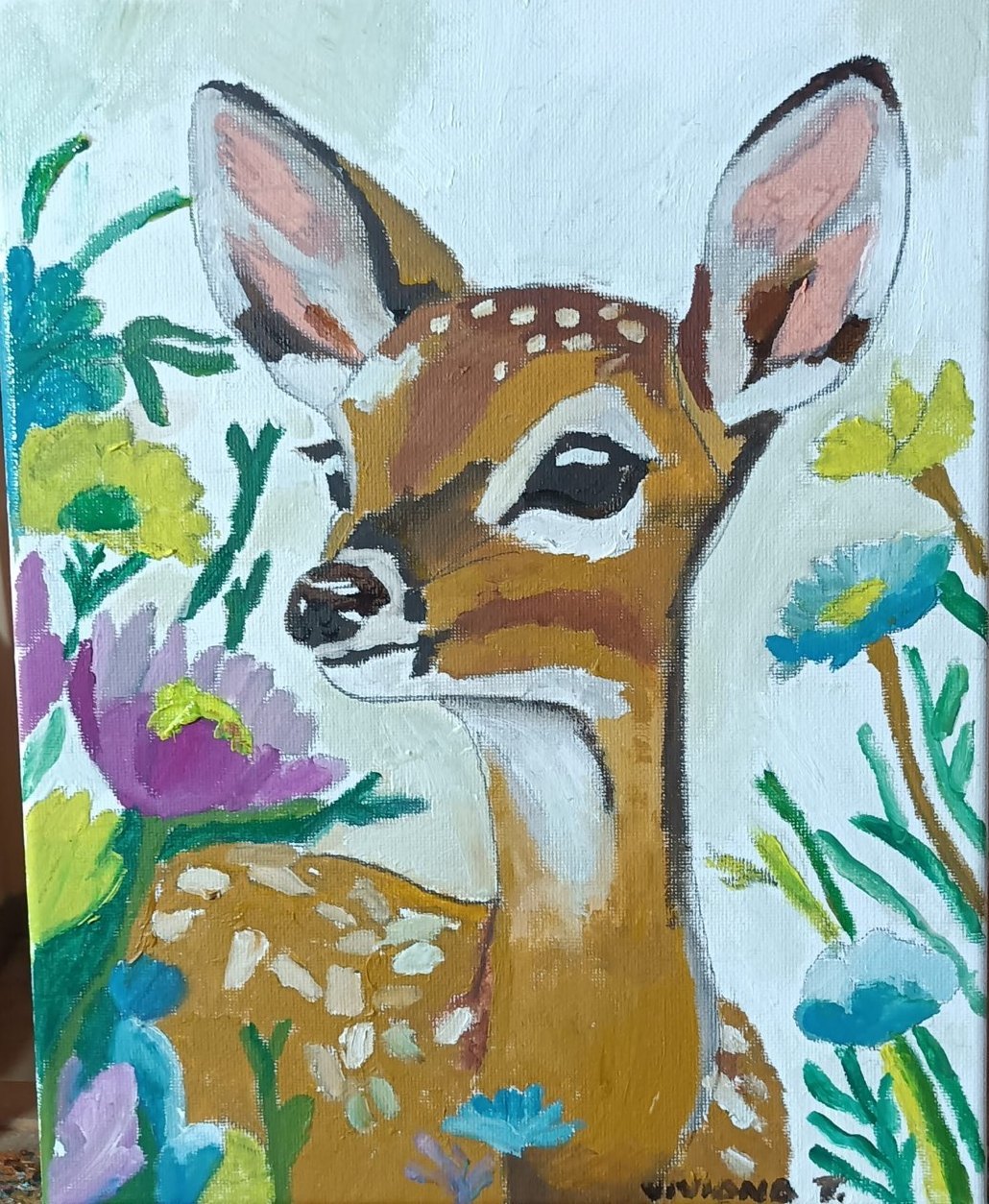 Fawn painted among colourful flowers. Oil on canvas.