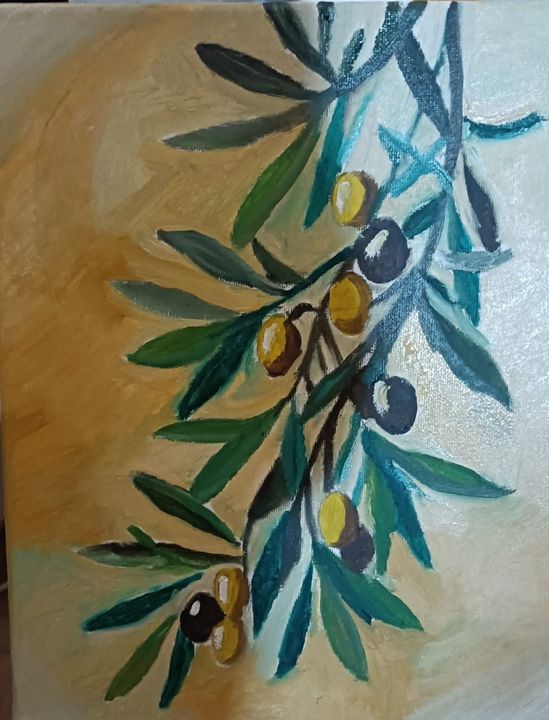 Olive branch with green and black olives. Oil on canvas.